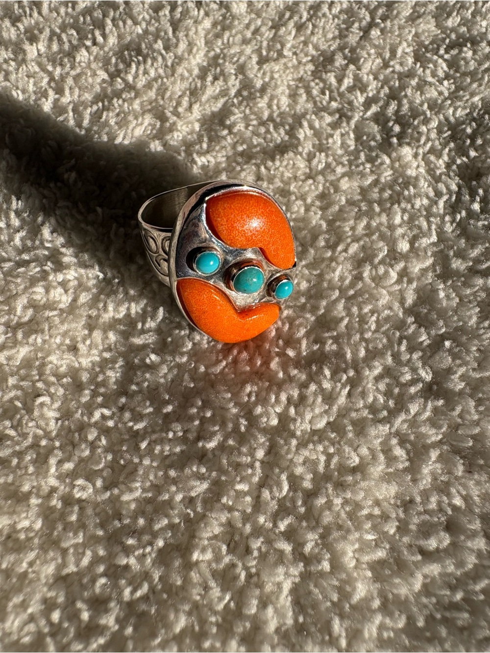Jay King Sterling Silver & Orange Coral and Turquoise Oval Ring. Size 7 - Picture 13 of 15